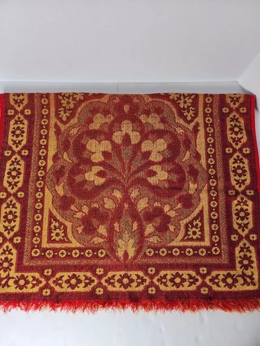 Vintage 70s FIELDCREST Jacquard Towel | Red & Gold Medallion MCM - photo 5