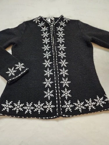 Coldwater Creek Wool Snowflake Winter Zip Up Cardigan Sweater -
