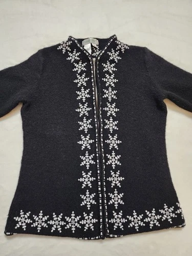 Coldwater Creek Wool Snowflake Winter Zip Up Cardigan Sweater - - photo 3