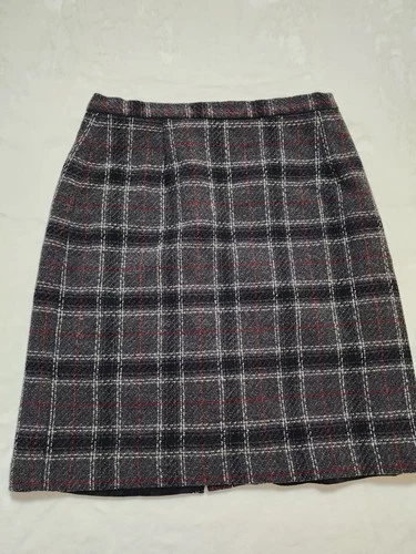 Vintage Casual Corner Plaid Wool Blend Midi Pencil Skirt Gray Si