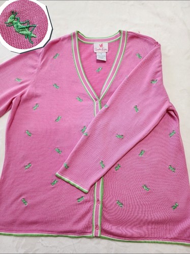 Quacker Factory Silk Blend Cardigan 1X - Pink & Green Cricket Kn