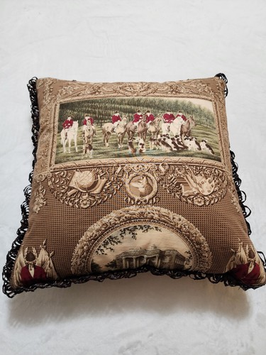 Vintage Equestrian Fox Hunt Pillow Leather Trim