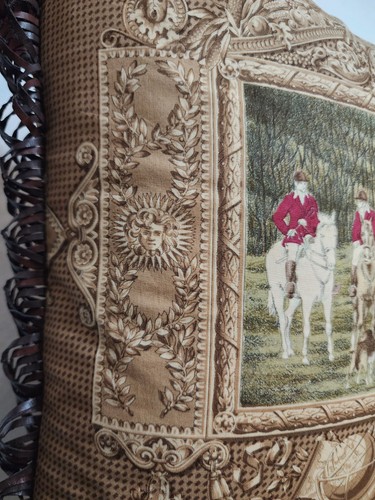 Vintage Equestrian Fox Hunt Pillow Leather Trim - photo 2