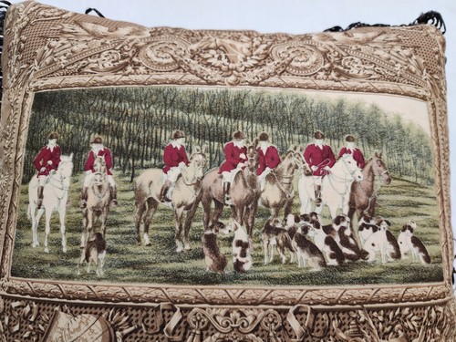 Vintage Equestrian Fox Hunt Pillow Leather Trim - photo 3