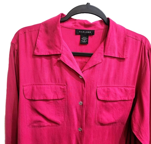 SilkLand 100% Pure Silk Vibrant Pink Pearlescent Button Up Blous - photo 2