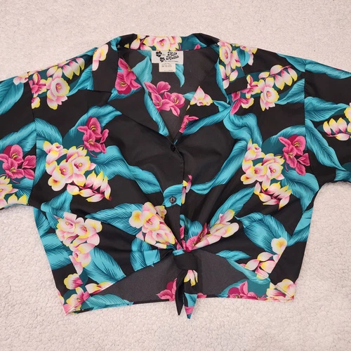 Vintage Hilo Hattie Cropped Top Hawaiian Shirt Tie Front Floral