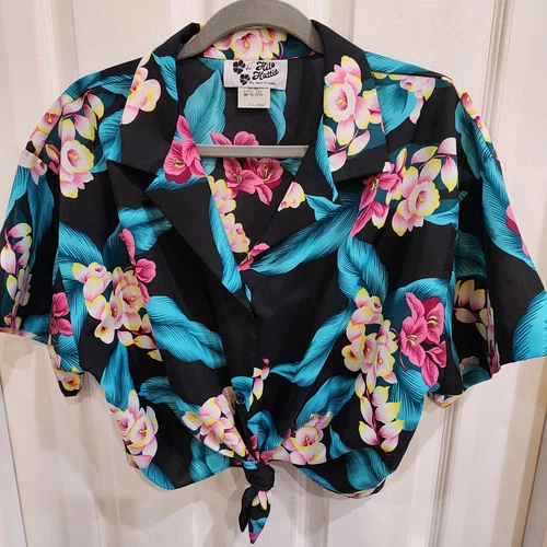 Vintage Hilo Hattie Cropped Top Hawaiian Shirt Tie Front Floral - photo 2
