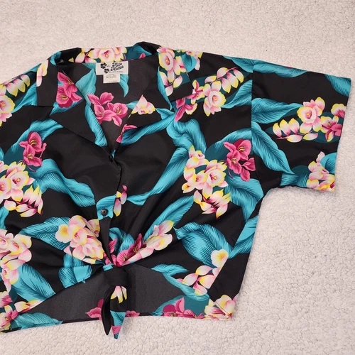 Vintage Hilo Hattie Cropped Top Hawaiian Shirt Tie Front Floral - photo 3
