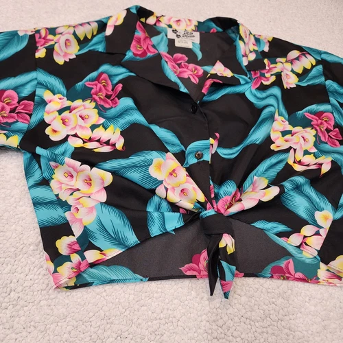 Vintage Hilo Hattie Cropped Top Hawaiian Shirt Tie Front Floral - photo 4