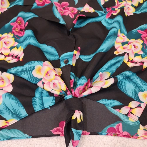 Vintage Hilo Hattie Cropped Top Hawaiian Shirt Tie Front Floral - photo 5