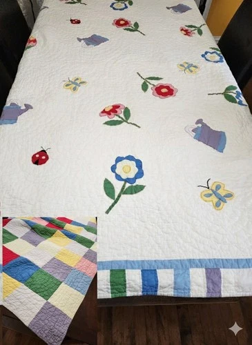Vtg 50s Garden Ladybug Watering Can Quilt 82x67
