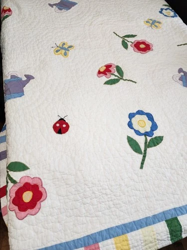 Vtg 50s Garden Ladybug Watering Can Quilt 82x67 - photo 3