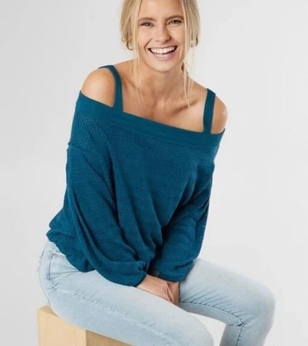 Free People Cold Shoulder Hacci Knit Top Teal Treasure Size Smal