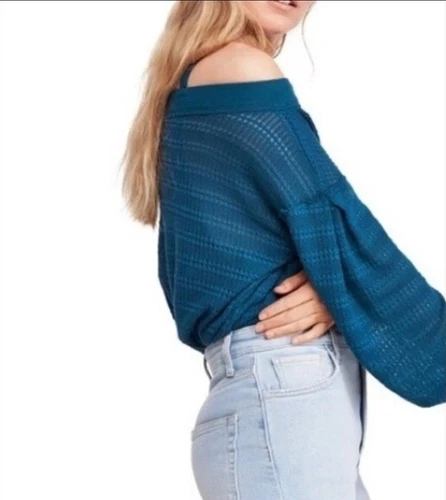 Free People Cold Shoulder Hacci Knit Top Teal Treasure Size Smal - photo 2