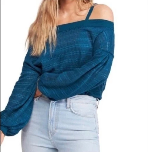 Free People Cold Shoulder Hacci Knit Top Teal Treasure Size Smal - photo 4
