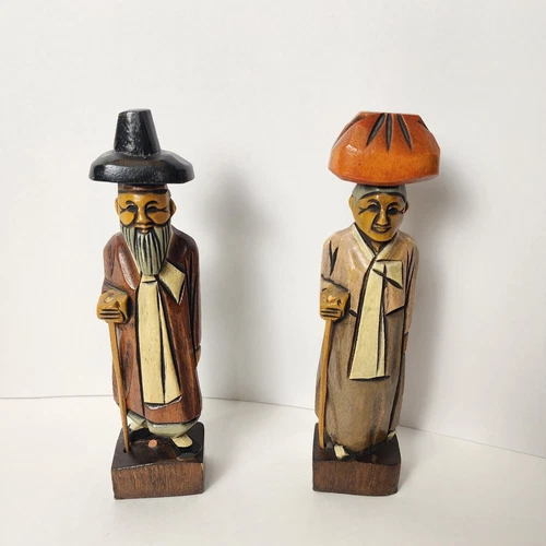 Vintage Hand Carved & Painted Wooden Asian Figurines (Pair) - photo 2