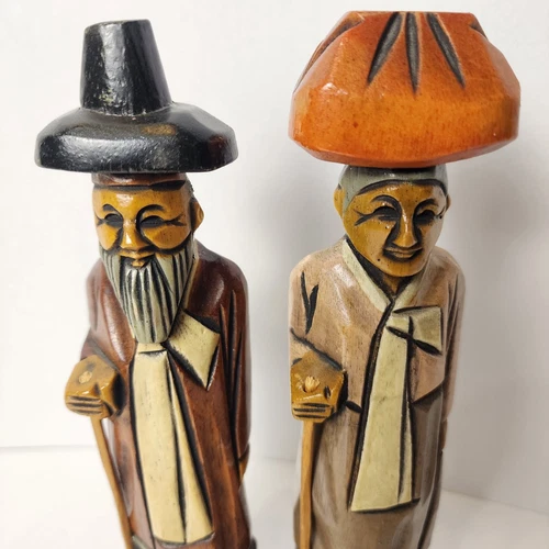Vintage Hand Carved & Painted Wooden Asian Figurines (Pair) - photo 4