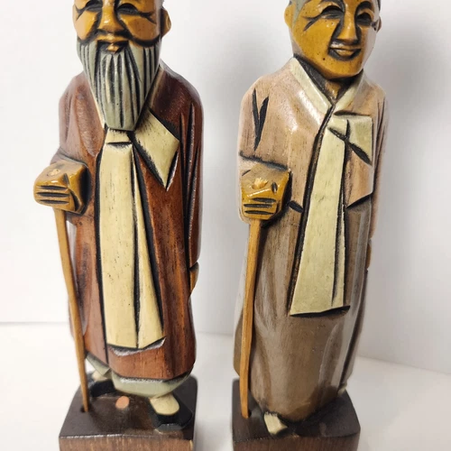 Vintage Hand Carved & Painted Wooden Asian Figurines (Pair) - photo 5
