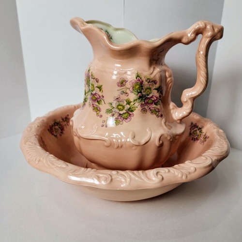 Vintage Ceramic Pitcher & Water Basin Pink Floral Design~Victori - photo 4