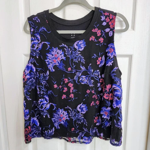 Womens XL Tank Top Lace Black Purple Floral Crewneck - A New Day