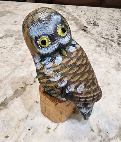 Hand Carved Wooden Owl Figurine Perched on Natural Wood Stand~ L