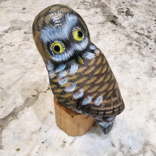 Hand Carved Wooden Owl Figurine Perched on Natural Wood Stand~ L - photo 2