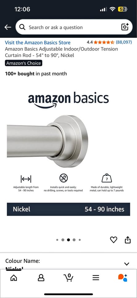 Amazon Basics Tension Curtain Rod - 54" to 90", Nickel