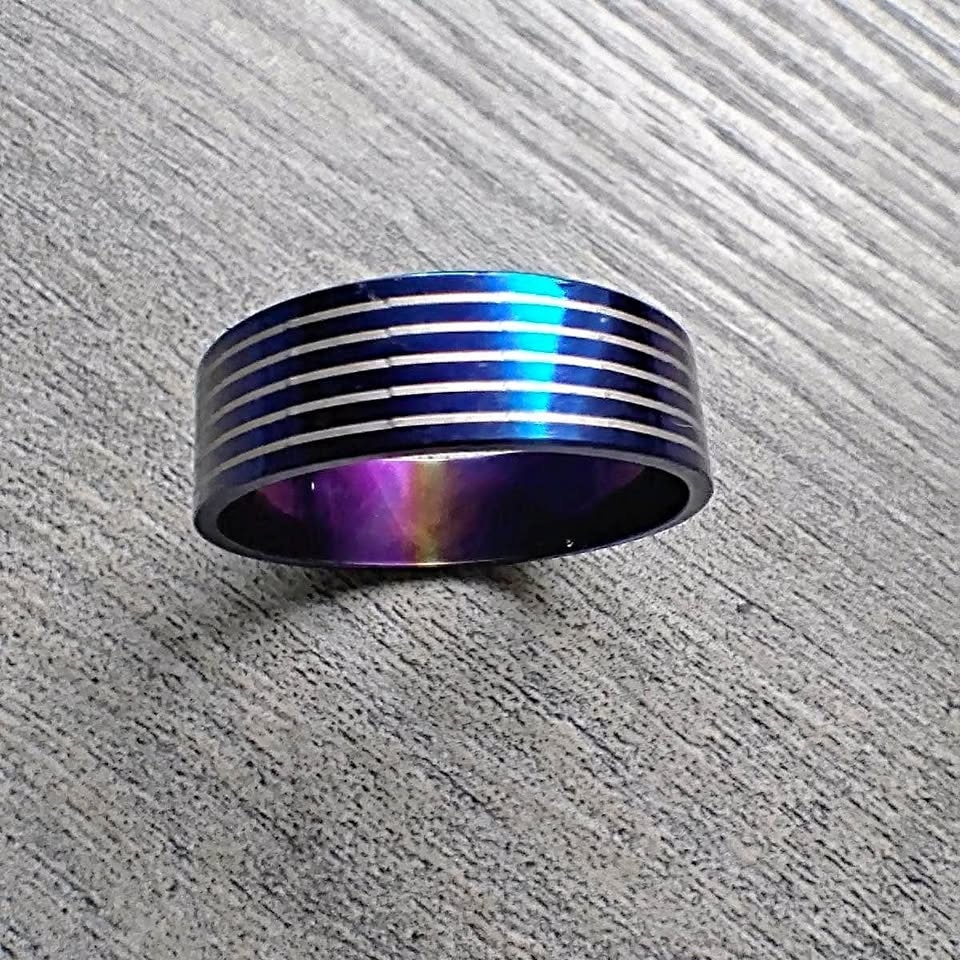 Blue striped stainless steel Ring