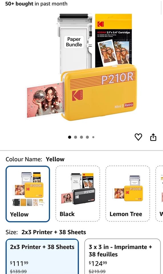 KODAK Mini 2 Retro Photo Printer Bundle - Yellow