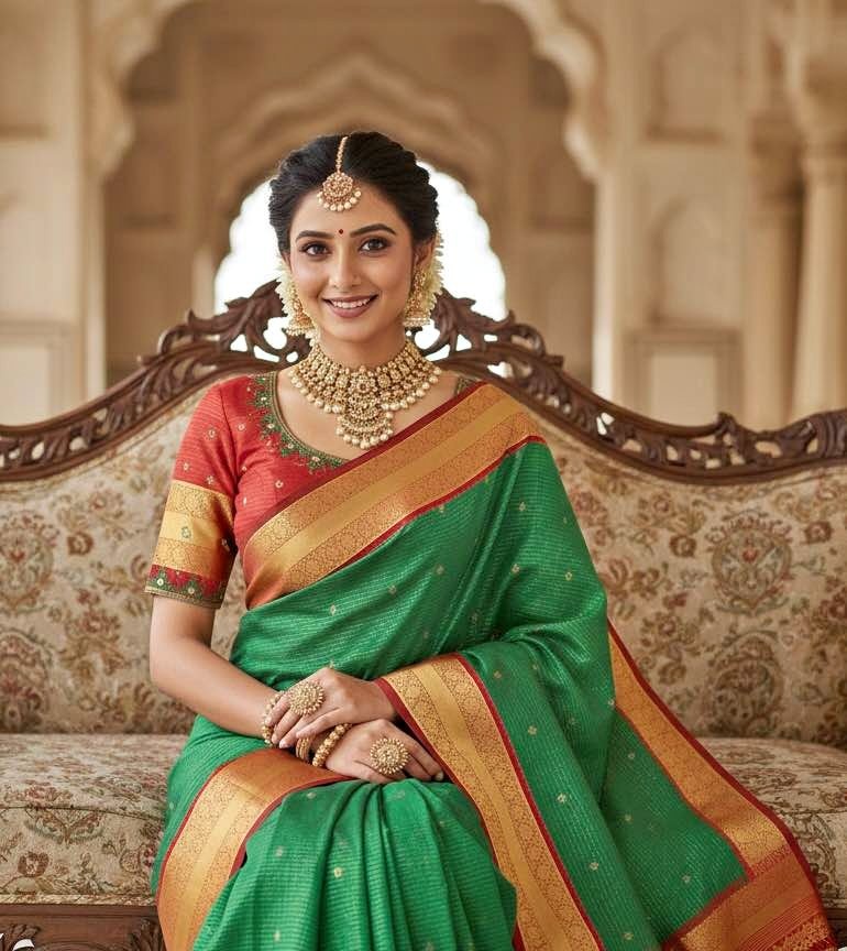 Kanchipuram Soft Silk Saree with Ready-to-Wear Blouse (Fits 32-4