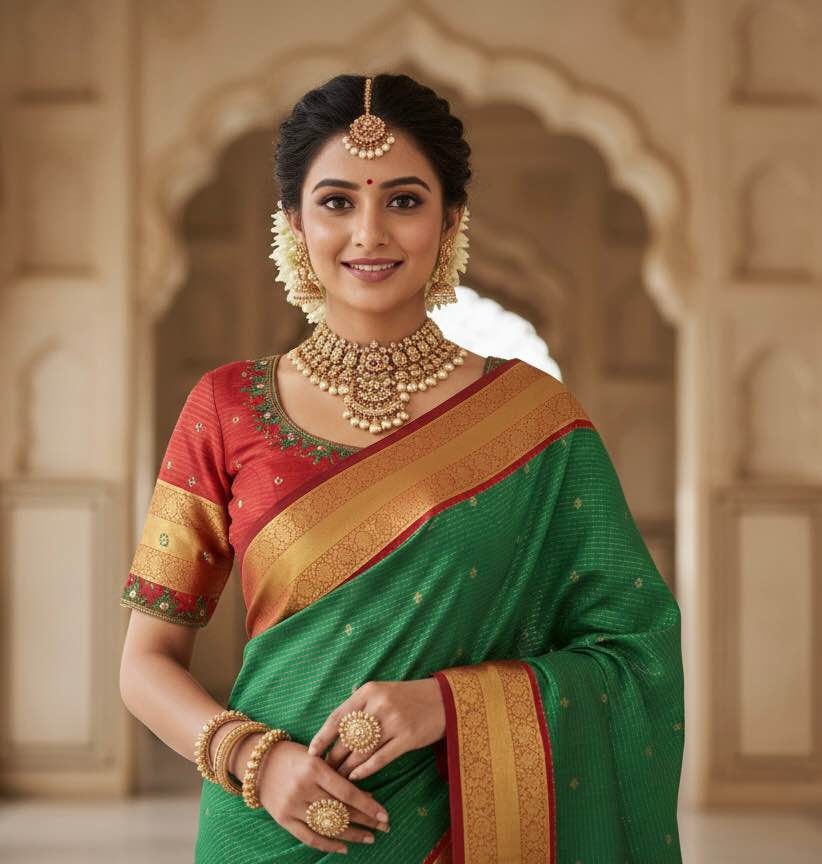 Kanchipuram Soft Silk Saree with Ready-to-Wear Blouse (Fits 32-4 - photo 2