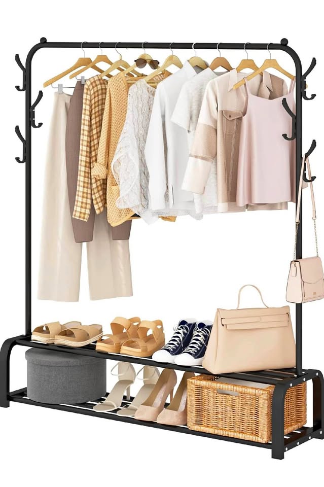 Clothes Rack with Top Rod,Lower Storage,6 Hooks,Black
