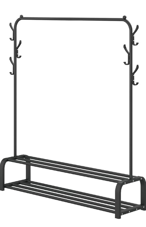 Clothes Rack with Top Rod,Lower Storage,6 Hooks,Black - photo 2