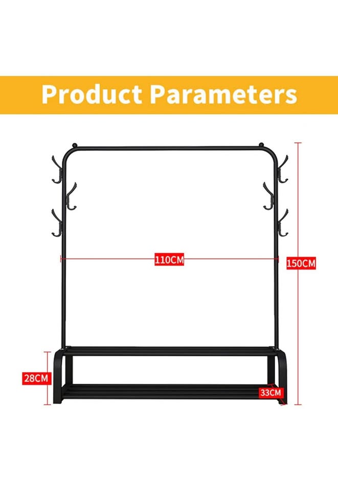 Clothes Rack with Top Rod,Lower Storage,6 Hooks,Black - photo 3