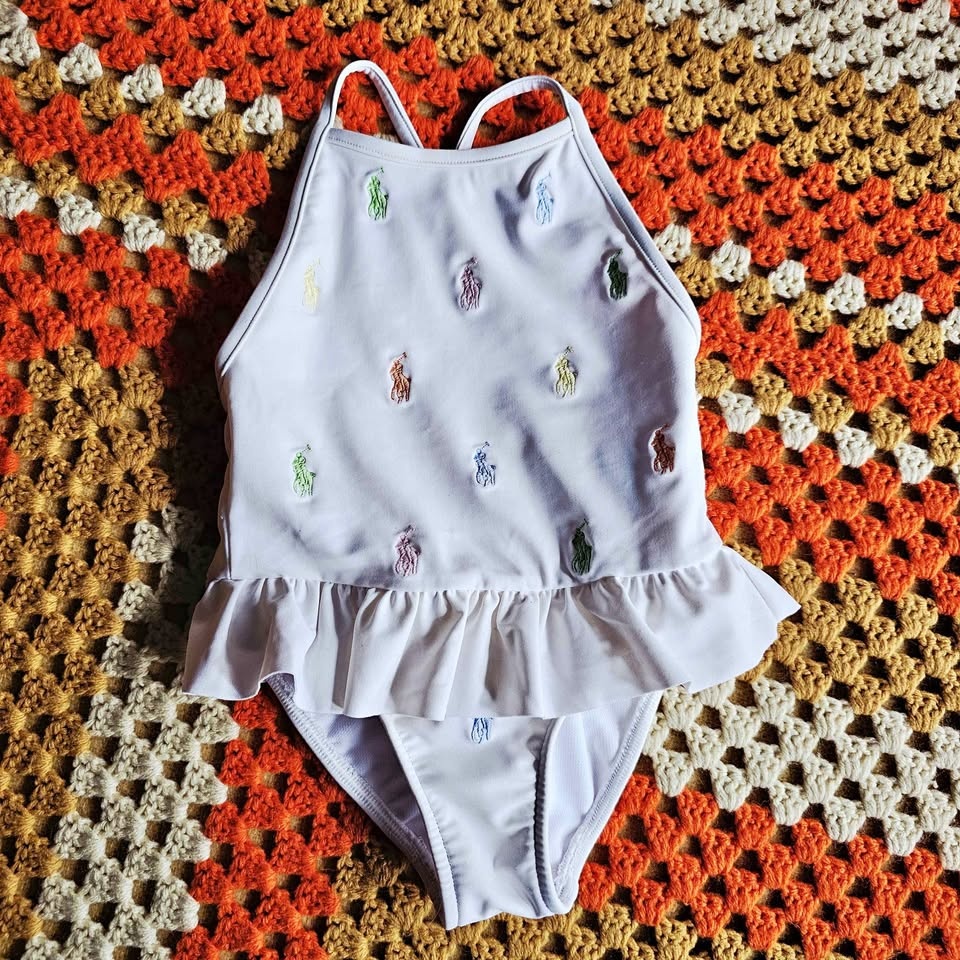 Ralph Lauren Baby 6M White One Piece Swimsuit Skirt Ruffle Horse