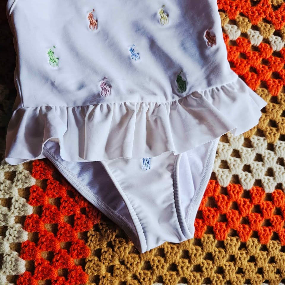 Ralph Lauren Baby 6M White One Piece Swimsuit Skirt Ruffle Horse - photo 3