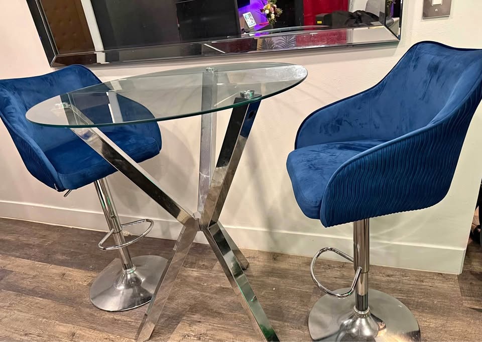 High Dining Glass Table with Two Barstool Chairs