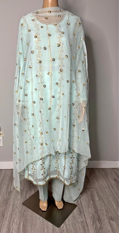 Pakistani Chiffon Dress Pearl Tilla Light Green - photo 2