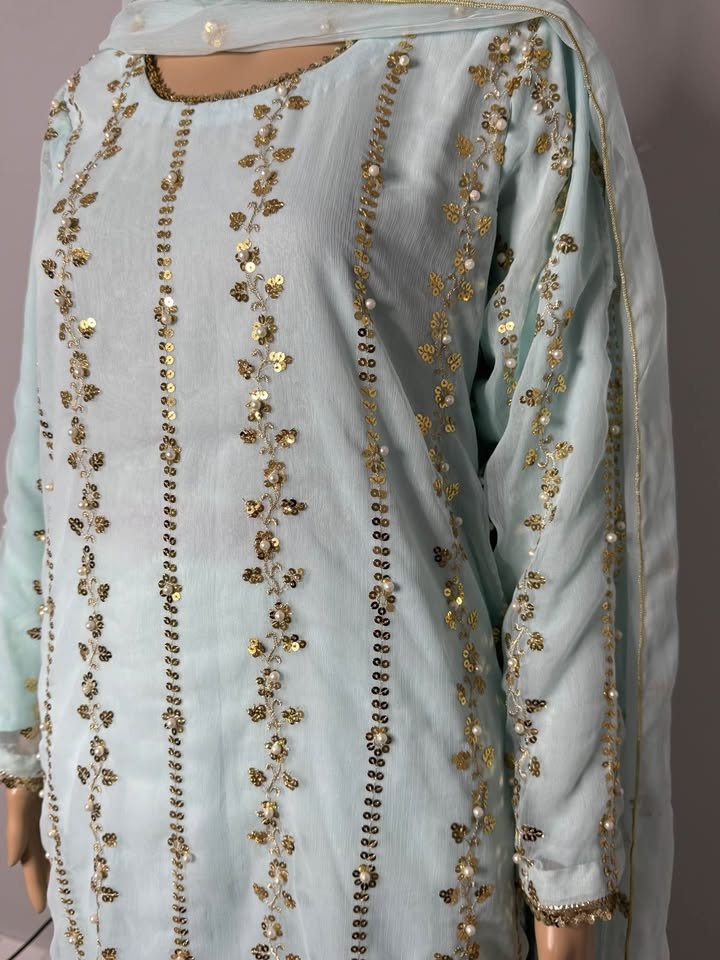Pakistani Chiffon Dress Pearl Tilla Light Green - photo 3