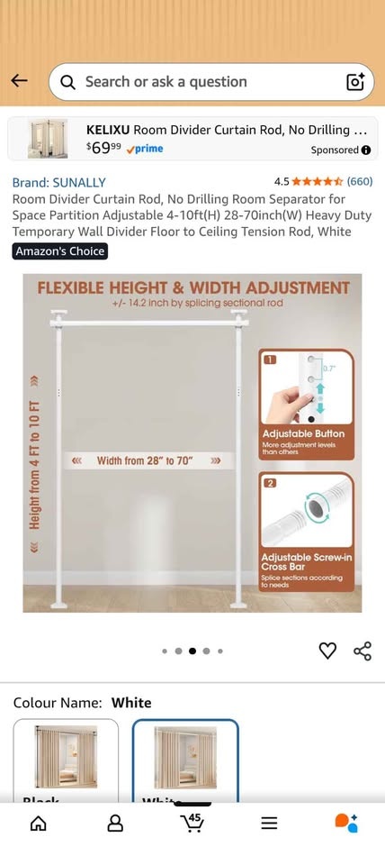 Adjustable No-Drill Room Divider Curtain Rod (28-70") - photo 2