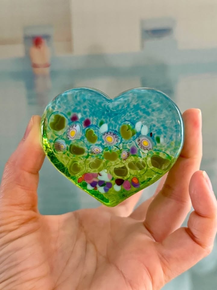 Signed Robert Held Art Glass Floral Heart Paperweight