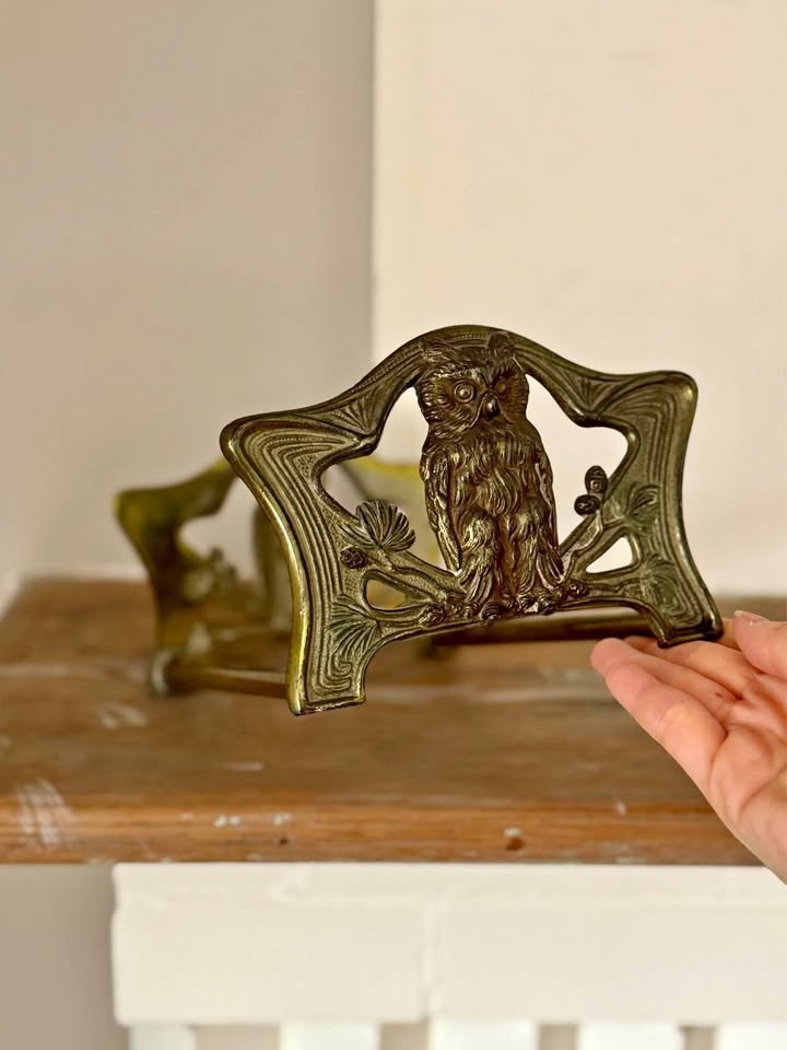 Vintage Brass Owl Expandable Book Rack – Art Nouveau Style