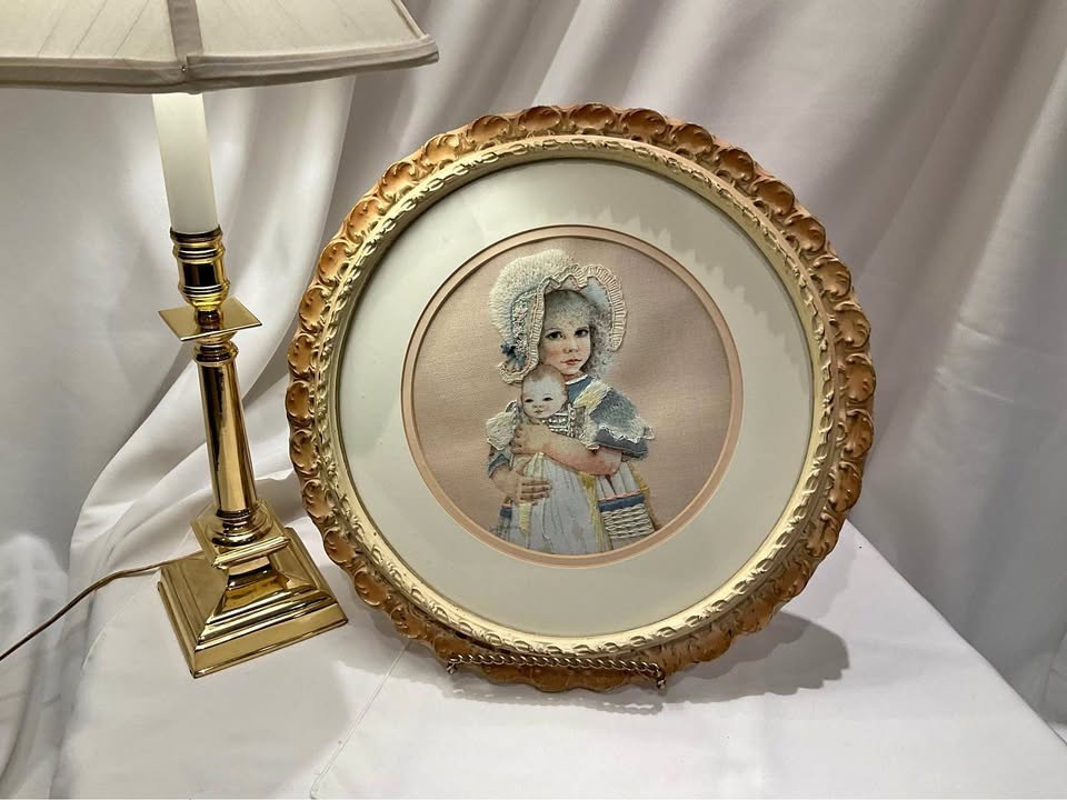 Vintage Portrait Needlepoint Framed Angelic Child & Baby