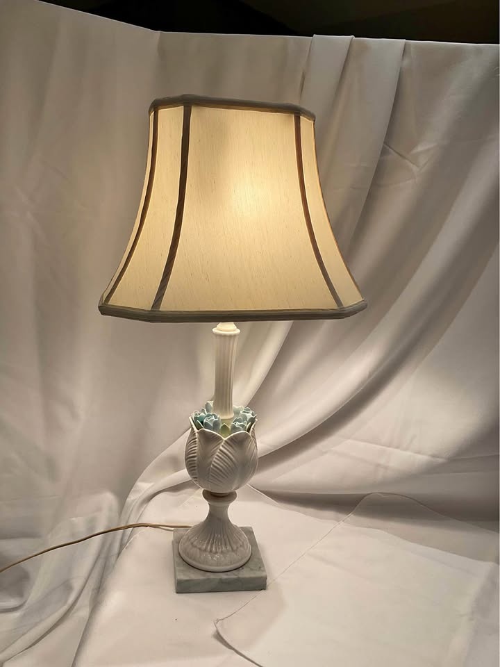 Vintage Porcelain Table Lamp - Blue Flowers, Marble Base