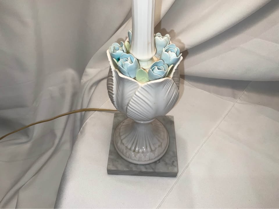 Vintage Porcelain Table Lamp - Blue Flowers, Marble Base - photo 2