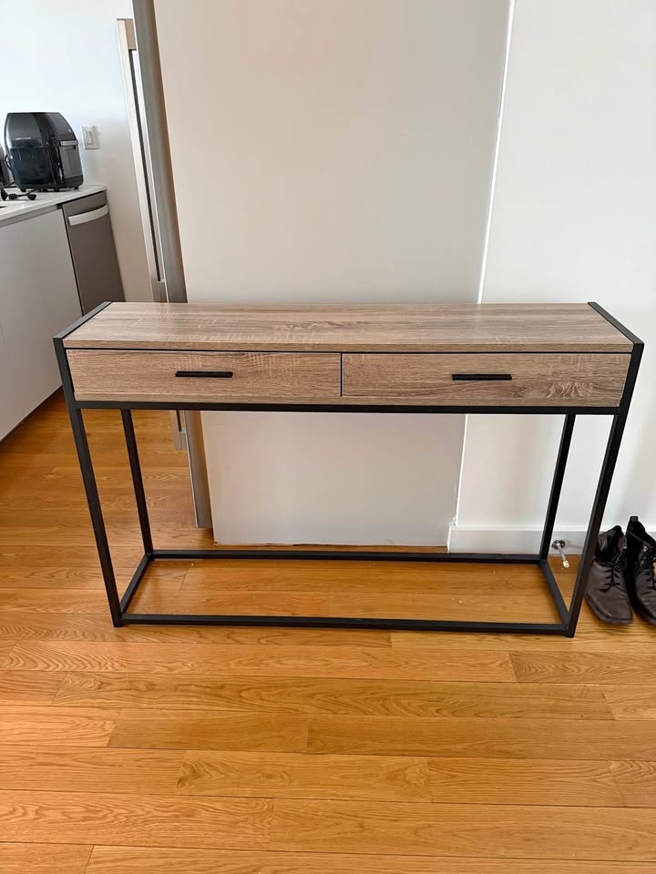Modern Wood & Black Metal Console Table – 2 Drawers