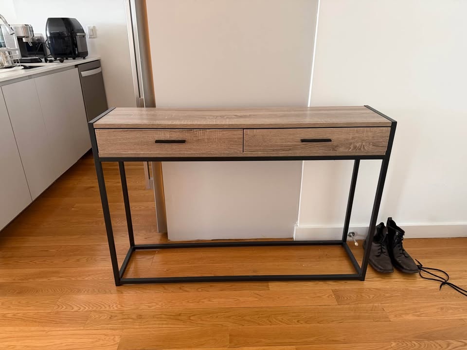 Modern Wood & Black Metal Console Table – 2 Drawers - photo 2