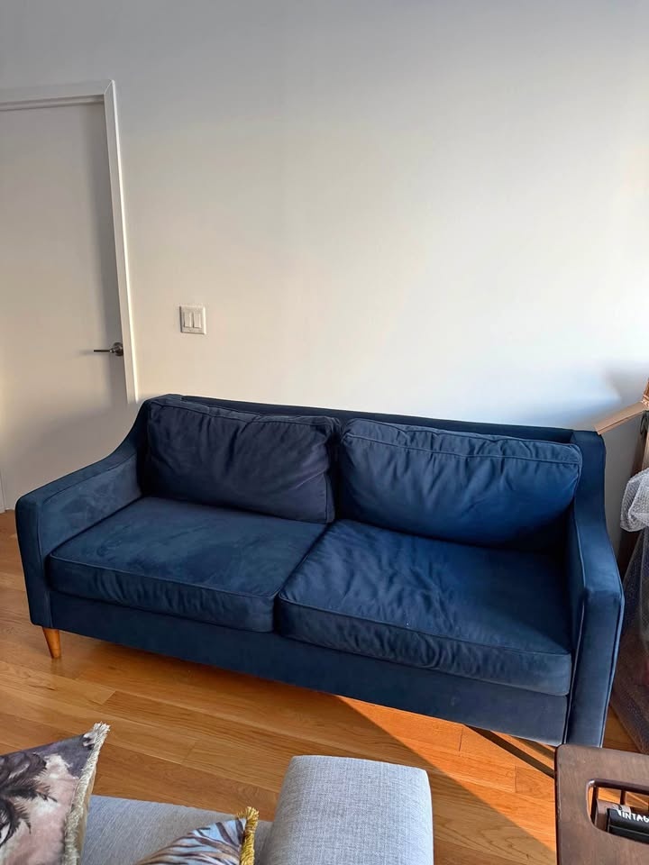 West Elm Navy Blue Velvet Sofa – Mid-Century Modern