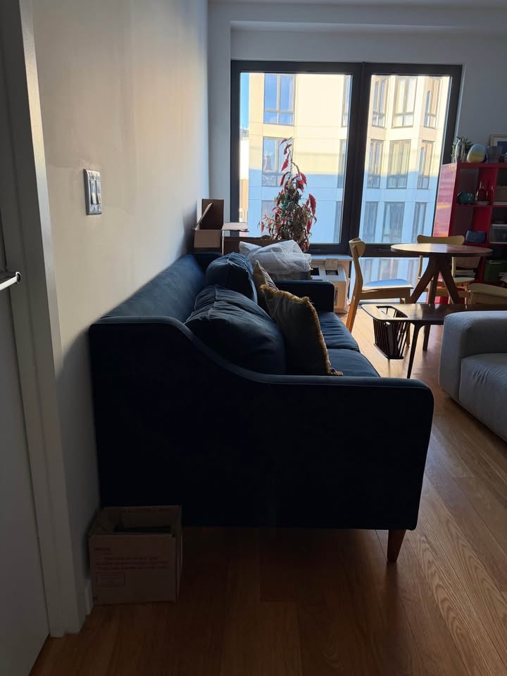 West Elm Navy Blue Velvet Sofa – Mid-Century Modern - photo 2