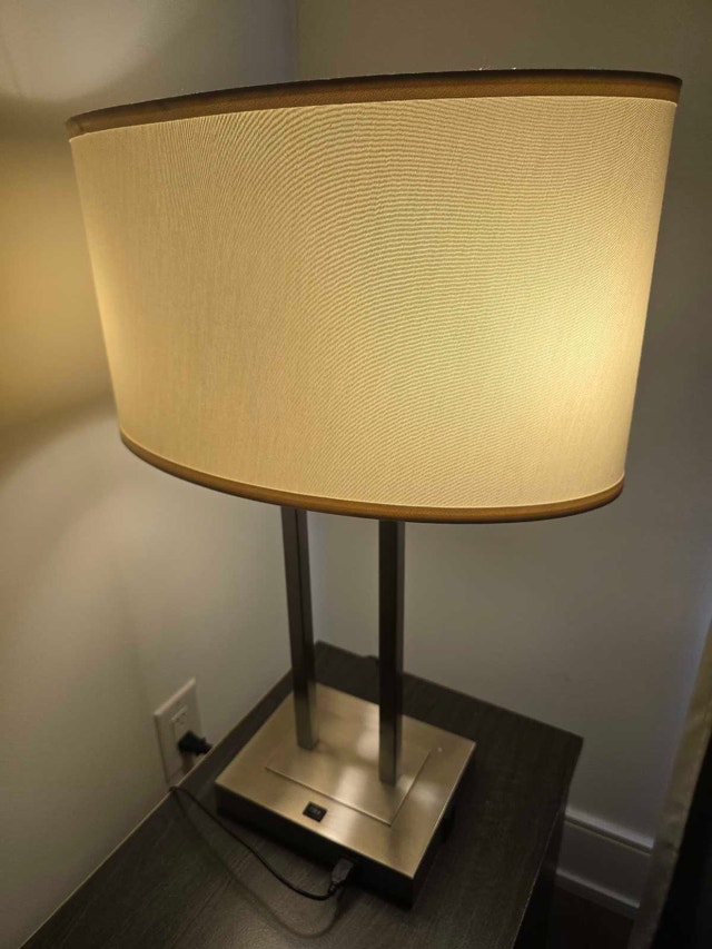 Hilton Hotel Style Desk Lamp - Brushed Steel, Dual Socket